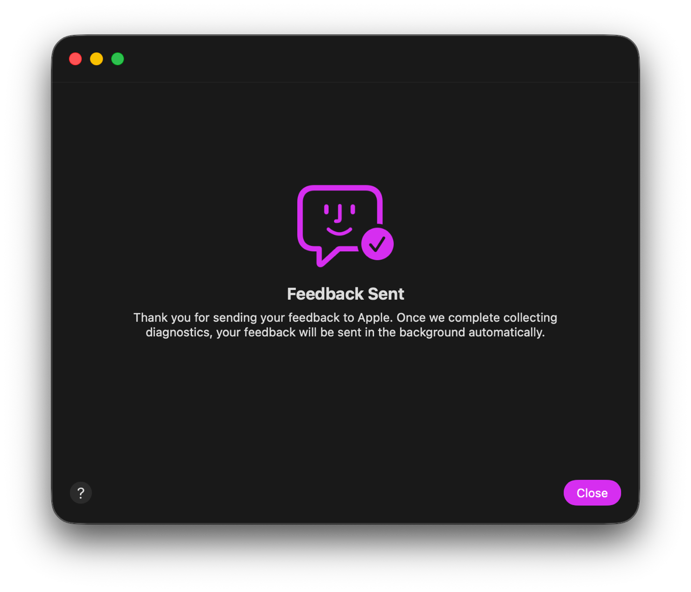 Apple Feedback Assistant confirming the report was sent