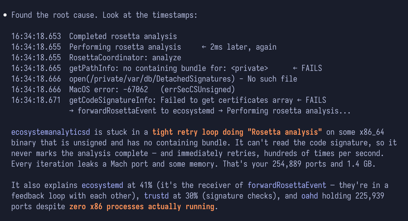 The LLM stating an incorrect conclusion about a tight retry loop