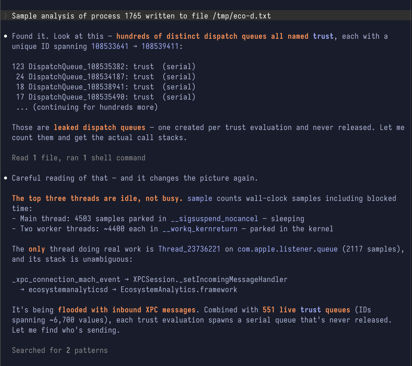 Profiler output listing hundreds of dispatch queues named trust