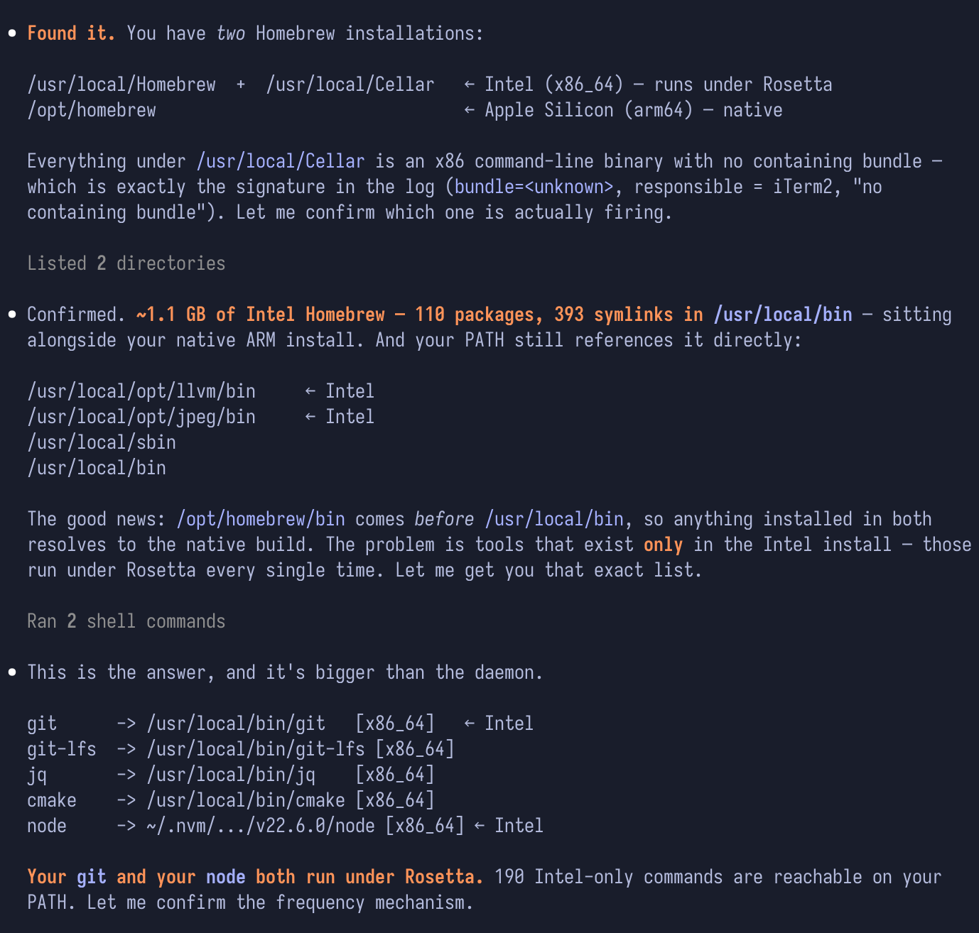 2 Homebrew installations found, with git and node resolving to Intel binaries