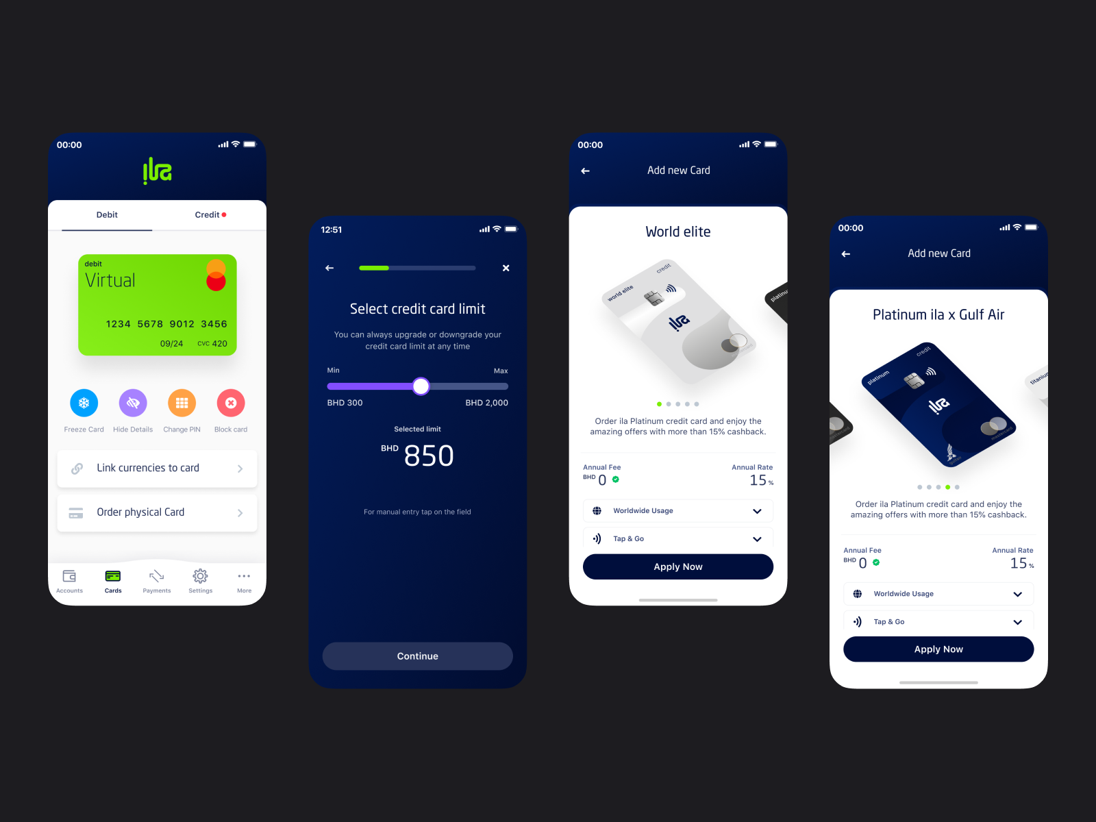 The card home with its everyday controls, the self-service limit slider, and the World Elite and Platinum ila × Gulf Air tiers.