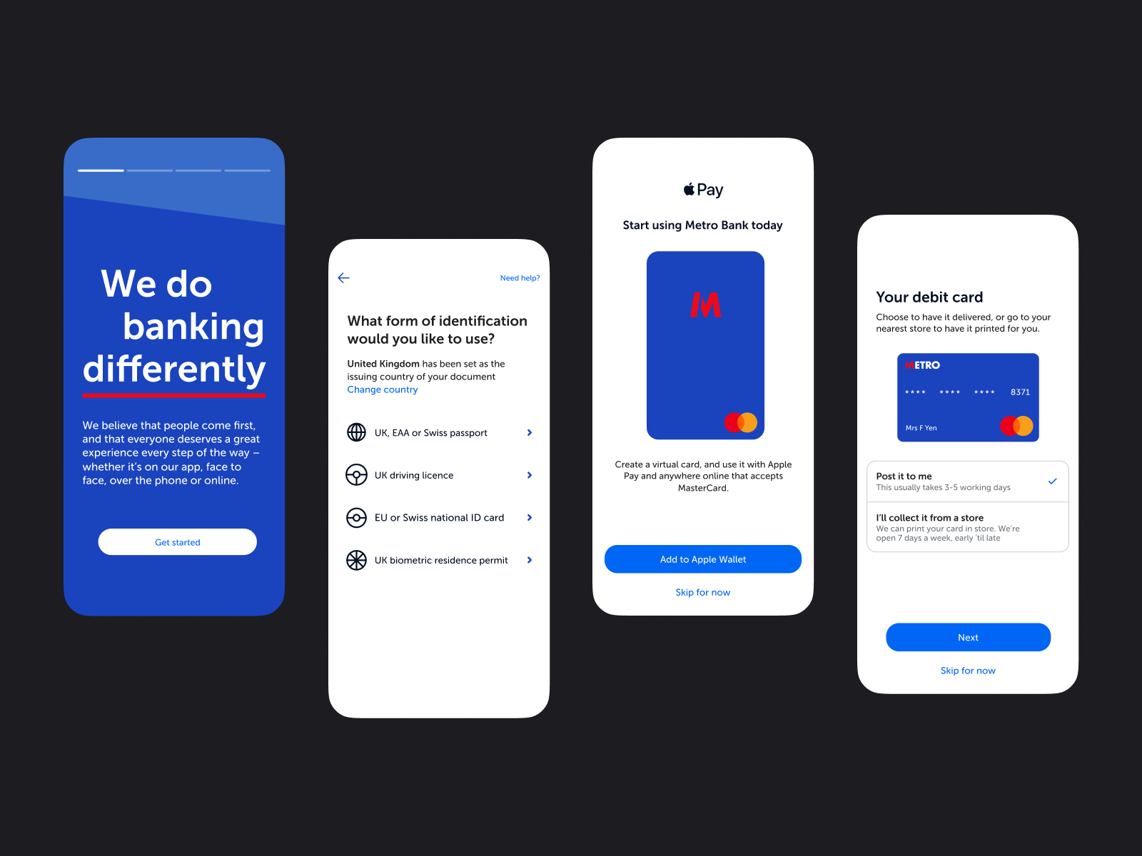 Onboarding, end to end: the welcome, document-aware identity verification, a virtual card added to Apple Wallet, and the choice of how the physical card arrives.