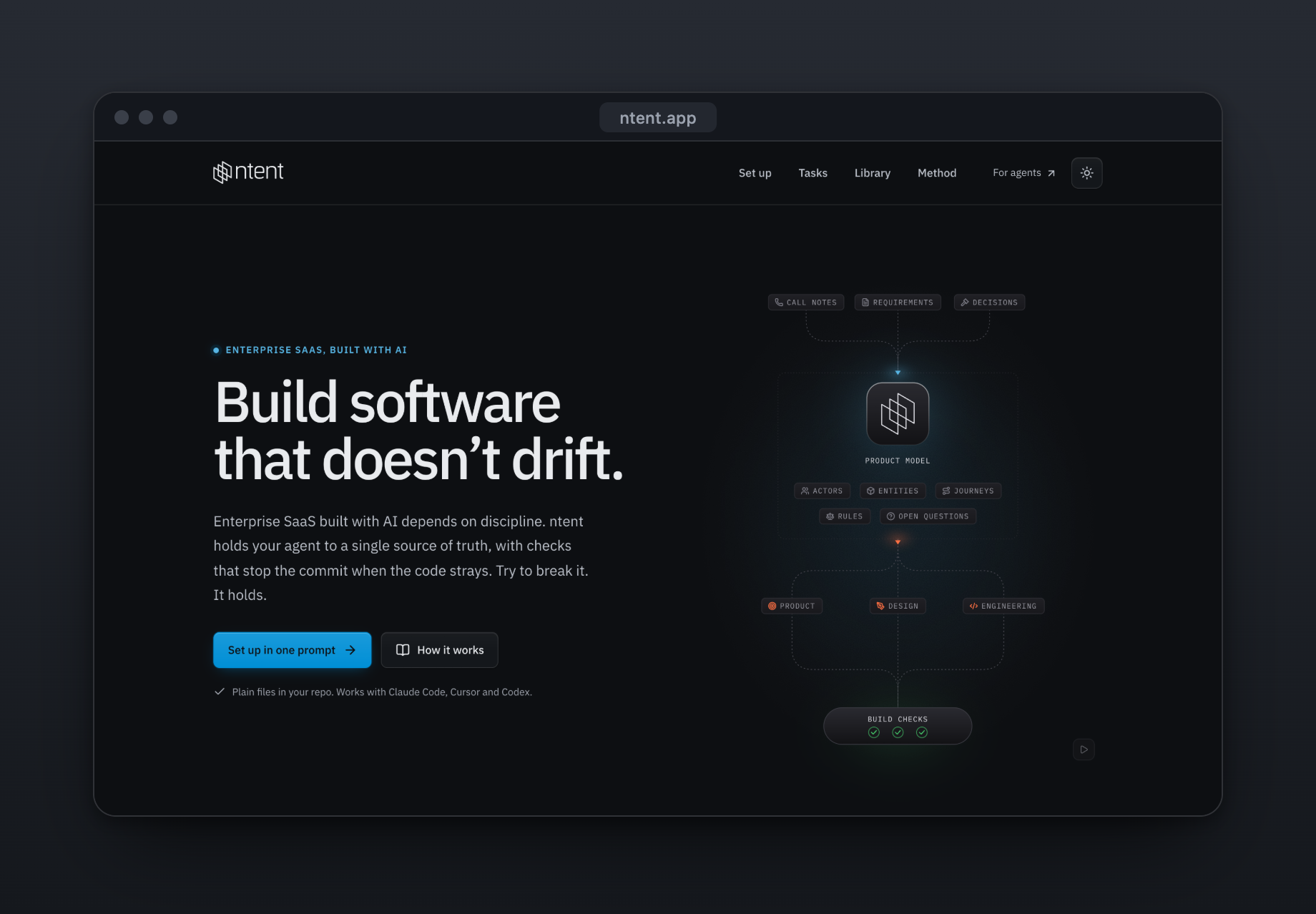 The home page. One file everyone shares, plus small checks that catch the build drifting away from it.