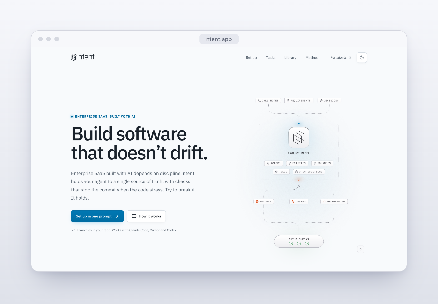The home page. One file everyone shares, plus small checks that catch the build drifting away from it.