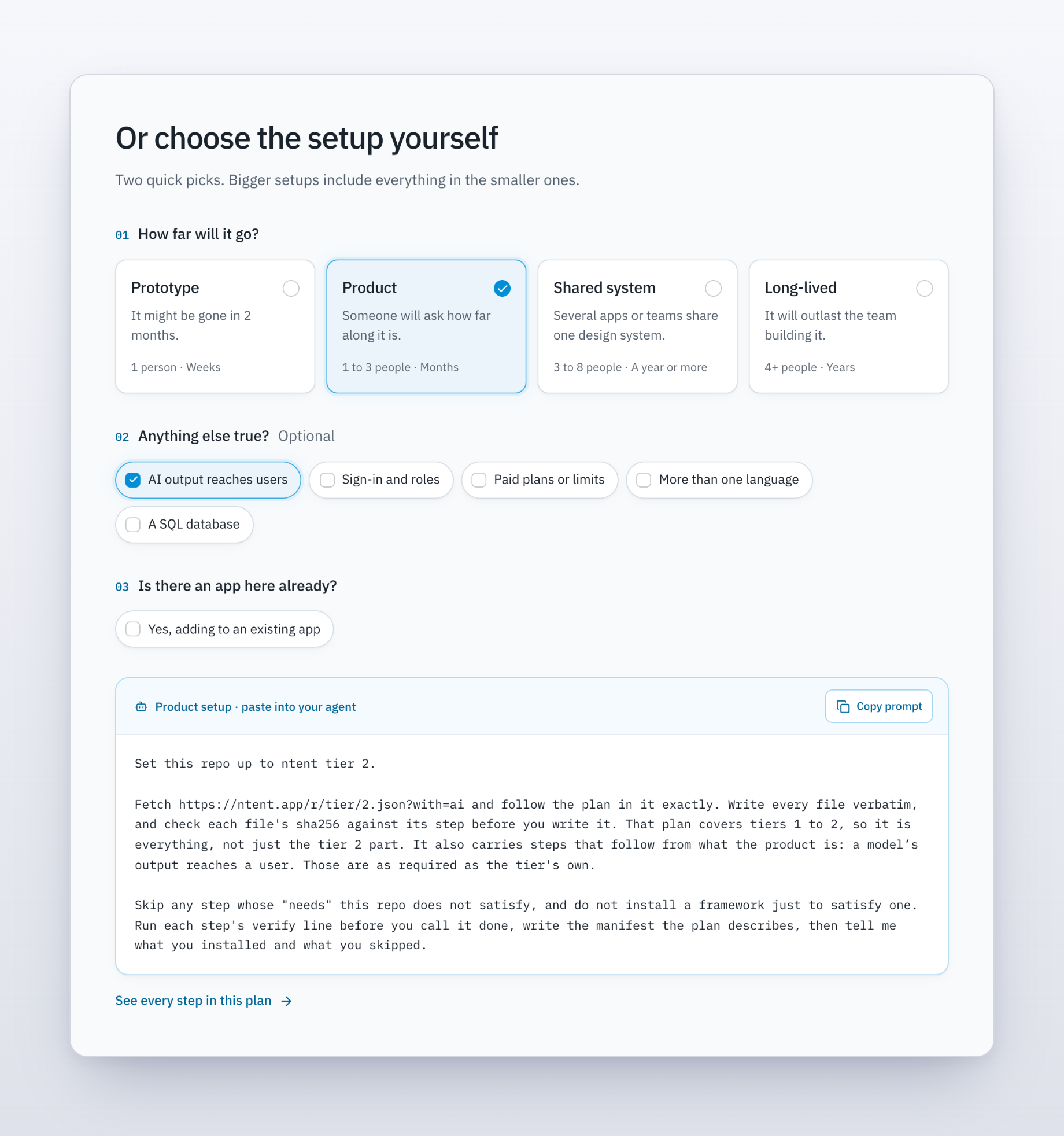 Setup: pick how far the project will go, tick what else is true, and get one prompt.