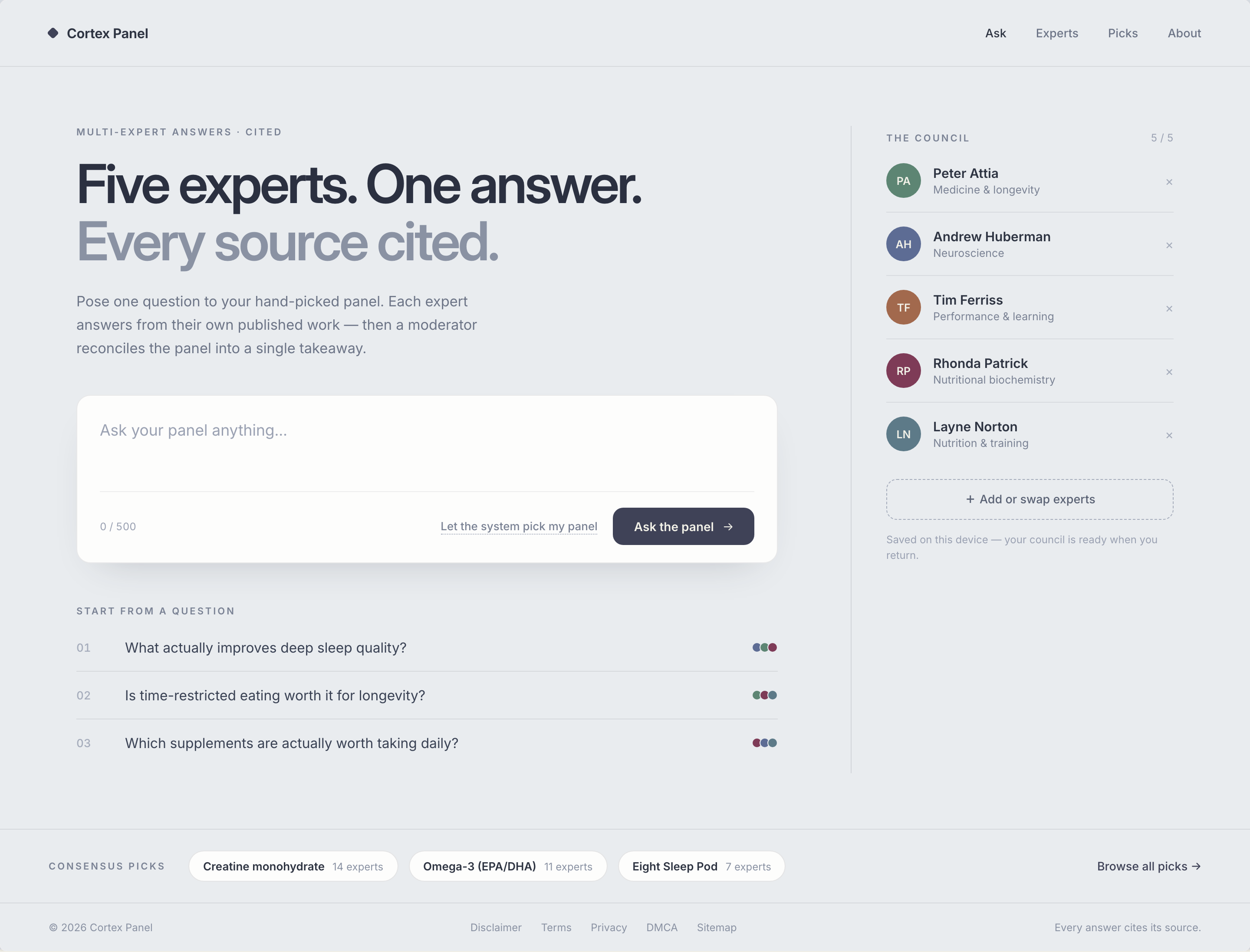CortexPanel's front door: pose one question to a hand-picked panel, and every answer cites its source.
