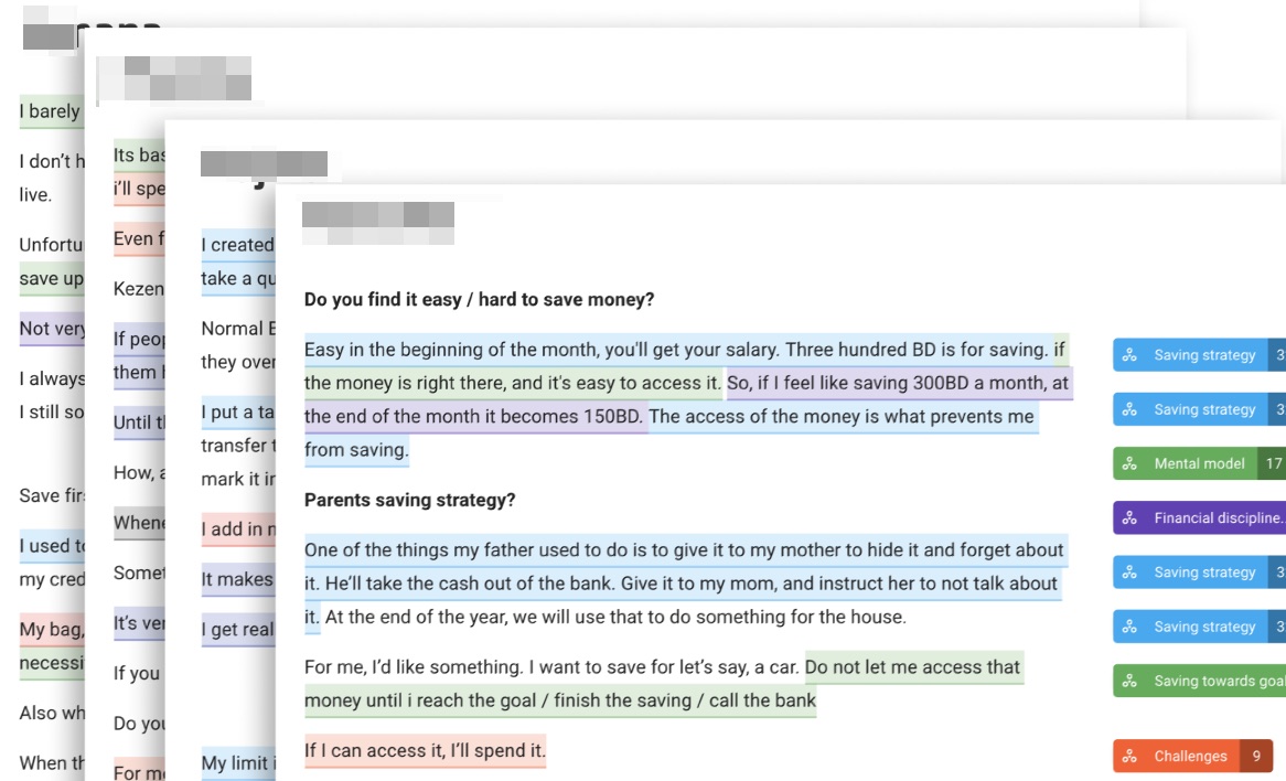 User research data from the savings app — raw interview transcripts coded by theme