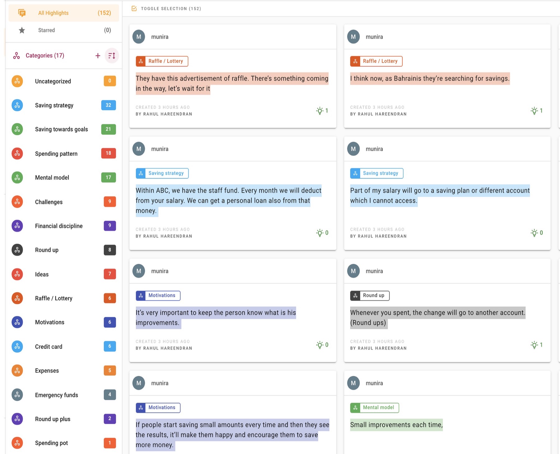 Thematic analysis — interview highlights coded by category in Dovetail