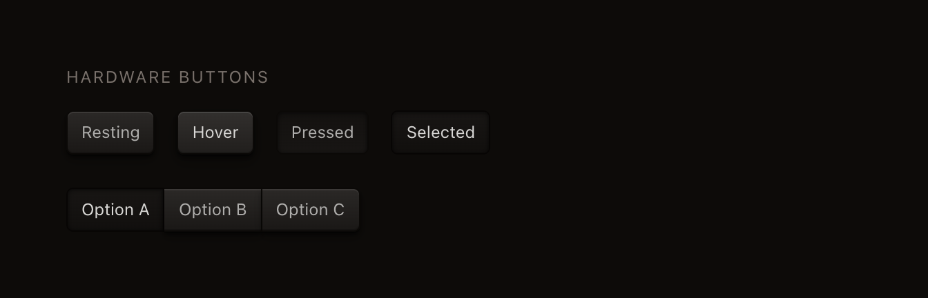 Same buttons, both modes. Dark mode isn't the light palette flipped. It's a separate set of contrast decisions made from scratch.