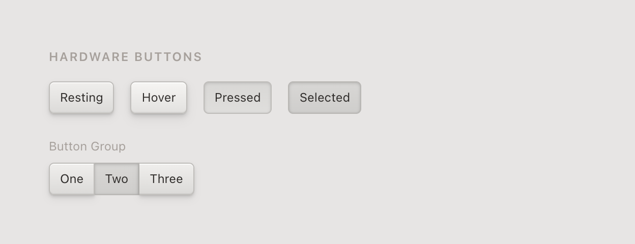 The four button states. Resting sits above the panel; pressed and selected get pushed into it. Same class, different shadow logic.