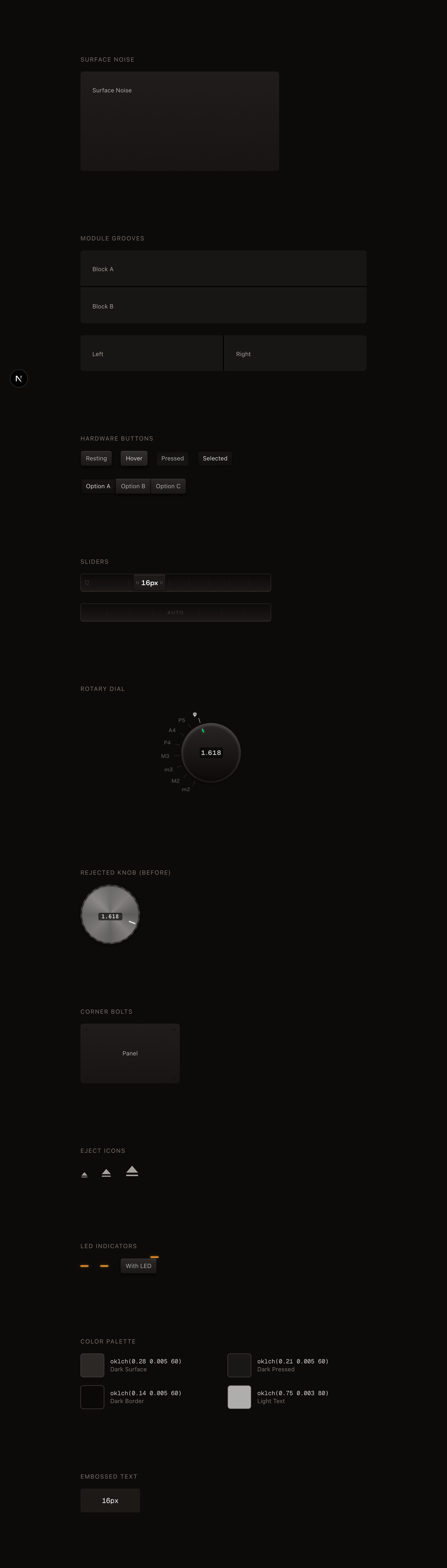 The full interface. Knobs, meters, grooves, bolts, all of it CSS. Whether it's good product design or self-indulgent craft I honestly can't tell you.